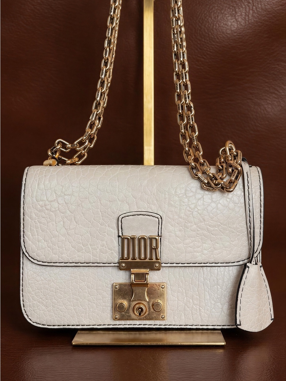Dior Ivory Pebbled Leather Shoulder Bag with Gold Chain